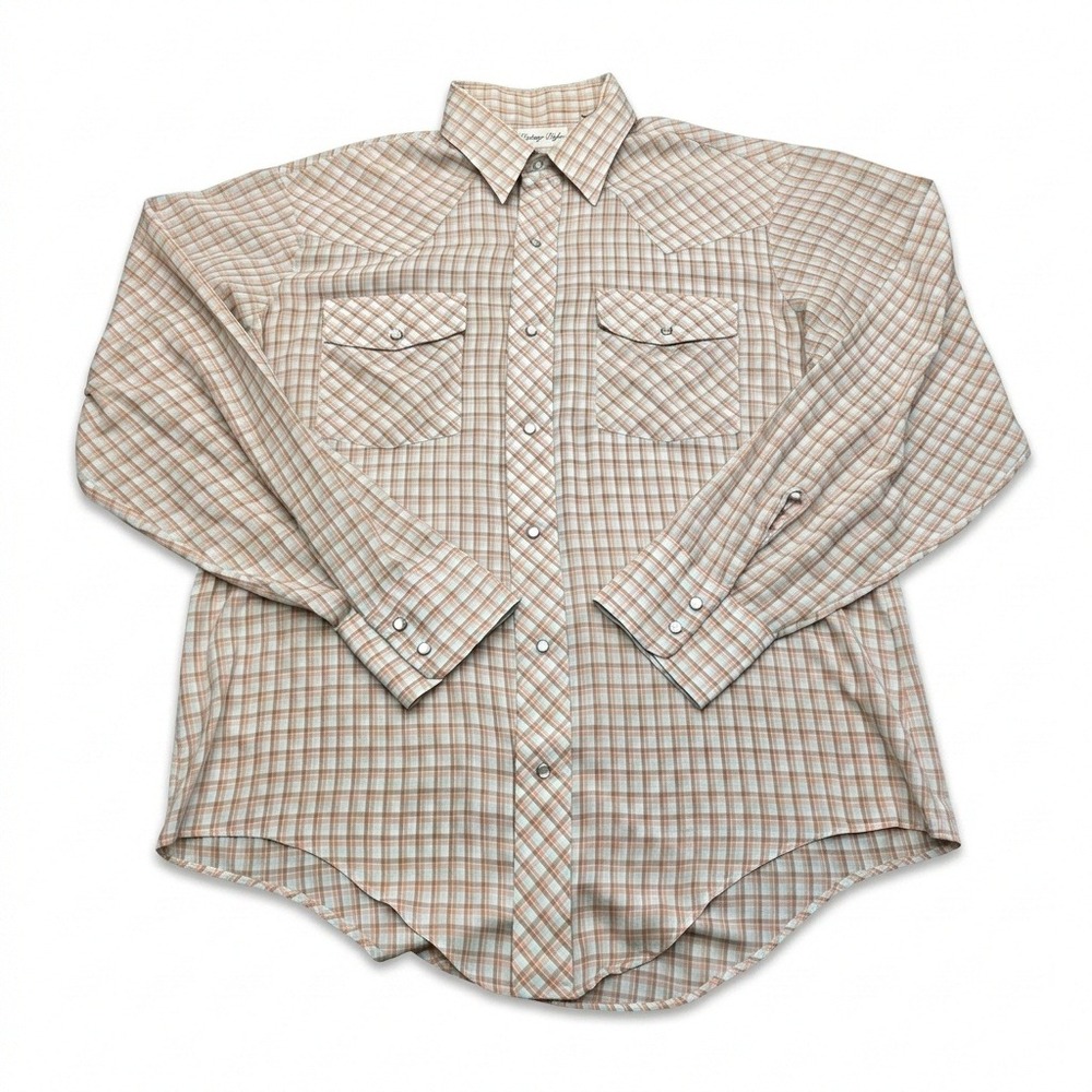 Heritage Collection Mens Vintage‎ Western Pearl Snap Plaid Shirt Tan Brown M USA